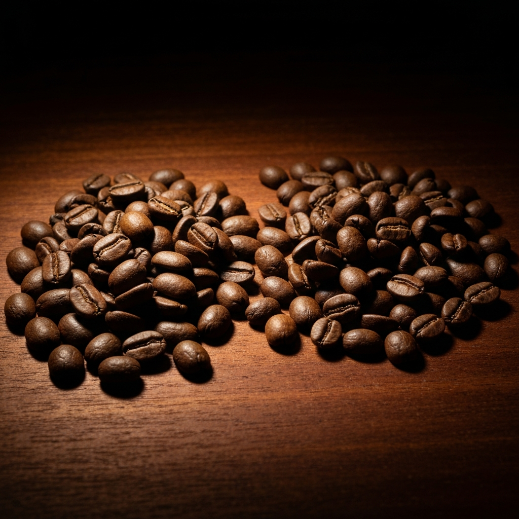 Two piles of coffee beans — oval arabica and round robusta — on dark wood with dramatic side lighting