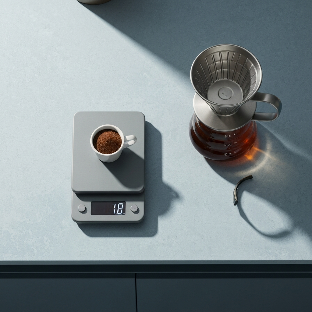 Precision scale showing 18g of coffee grounds next to a pour-over brewer, top-down view