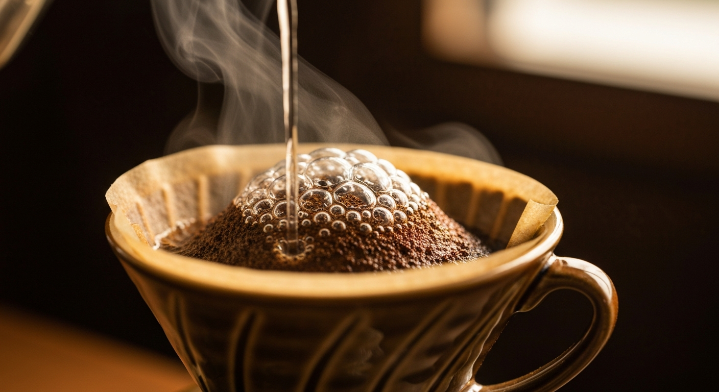 Fresh coffee grounds swelling into a domed bloom in a pour-over dripper as trapped CO2 escapes in small bubbles