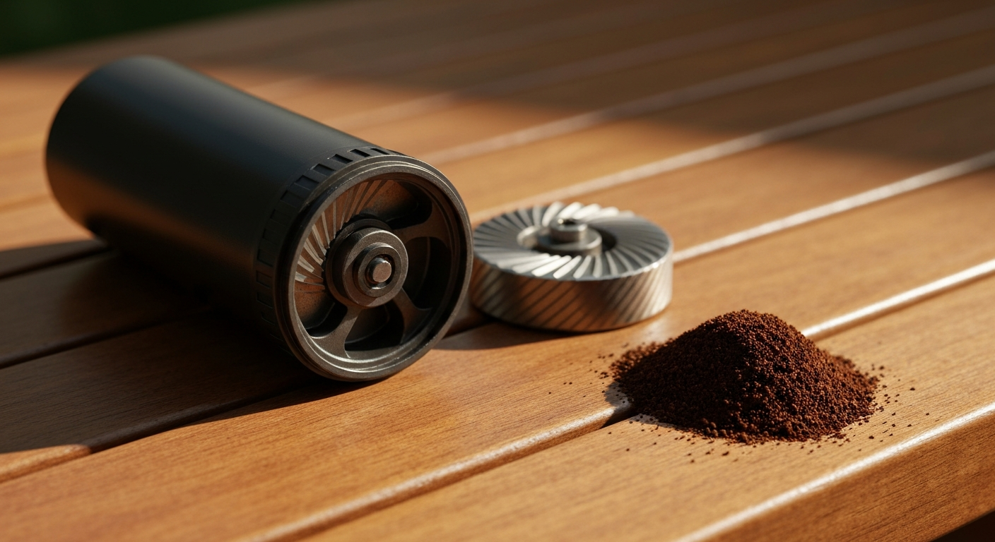 A conical burr grinder disassembled to show its two steel grinding burrs beside a pile of evenly ground coffee