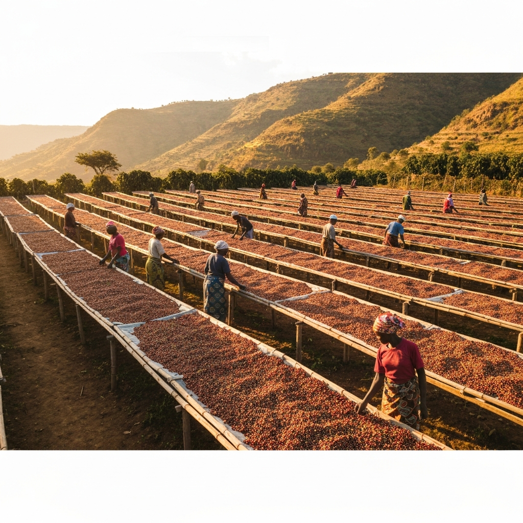 Coffee cherries drying on raised African beds in sunlight with East African landscape in background