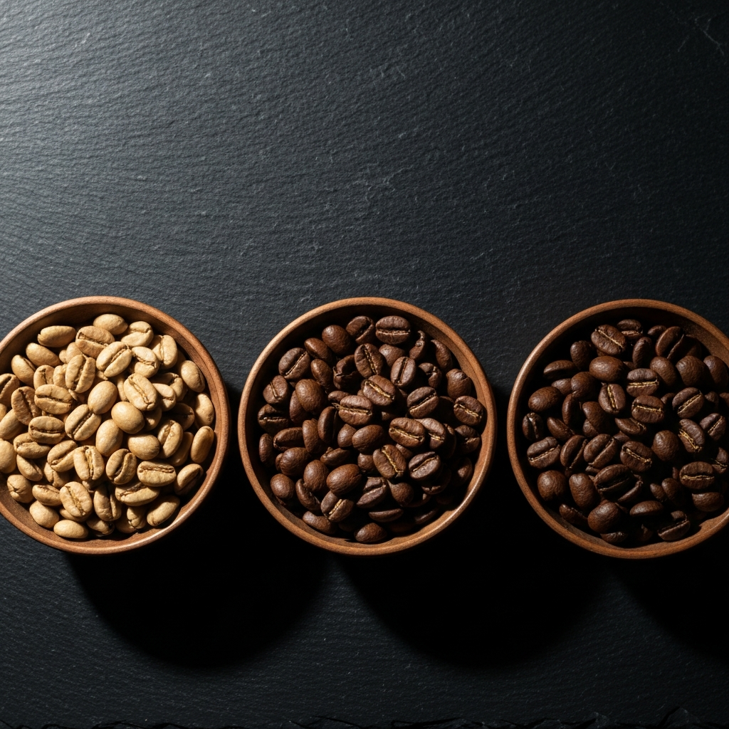 Three small bowls of coffee beans showing light, medium, and dark roast progression on slate