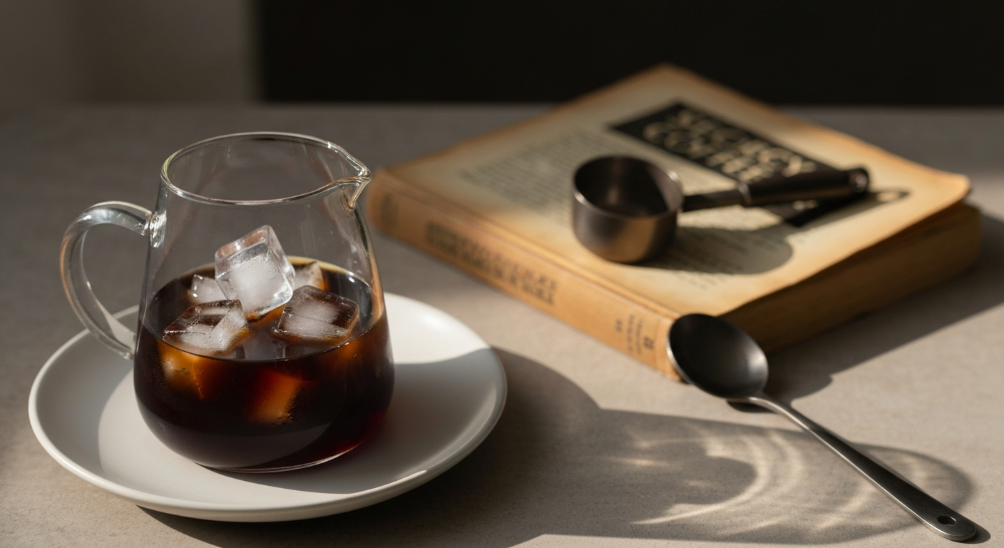 A large glass jar of cold brew coffee concentrate with a dark amber colour, sitting on a marble counter next to a glass of iced coffee with milk