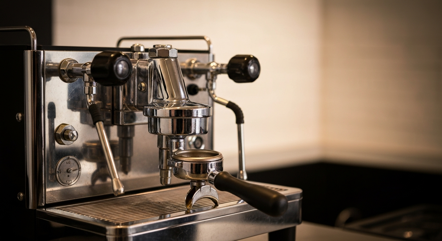 A polished chrome spring-lever espresso machine with its lever raised, group head and portafilter in view