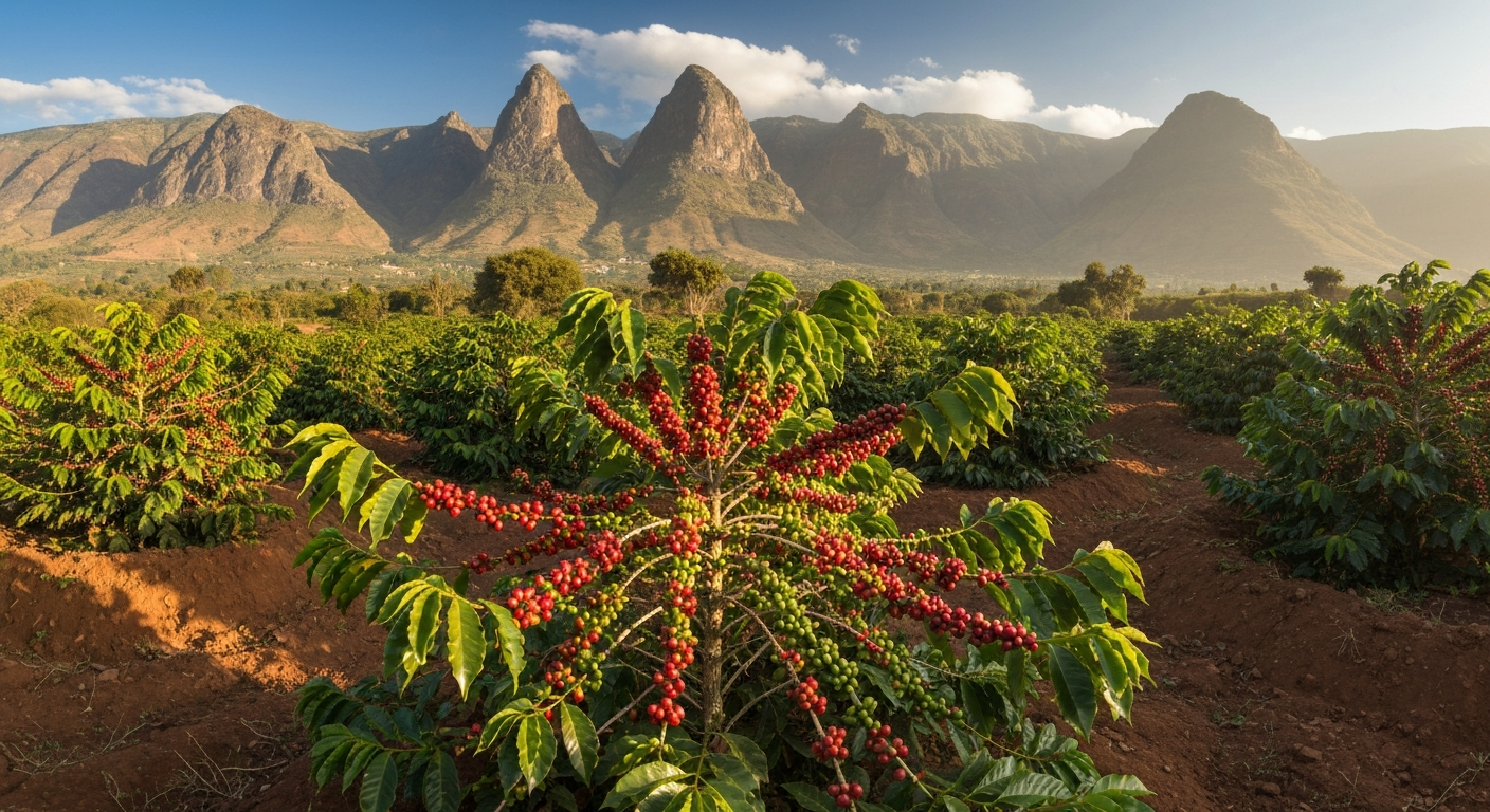 Coffee cherries drying on raised beds under the sun