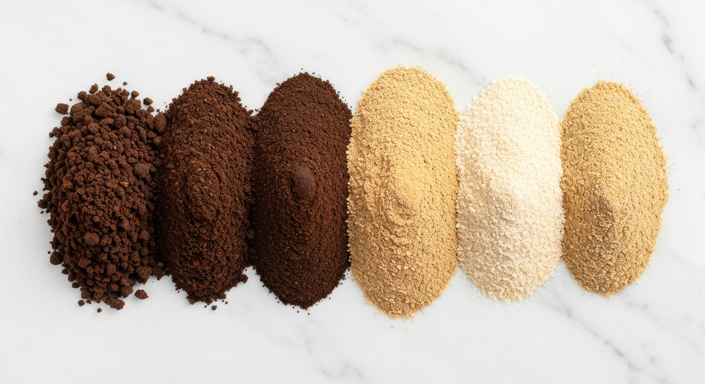 Seven small piles of coffee grounds arranged from coarse to fine on a white surface, showing the full grind spectrum