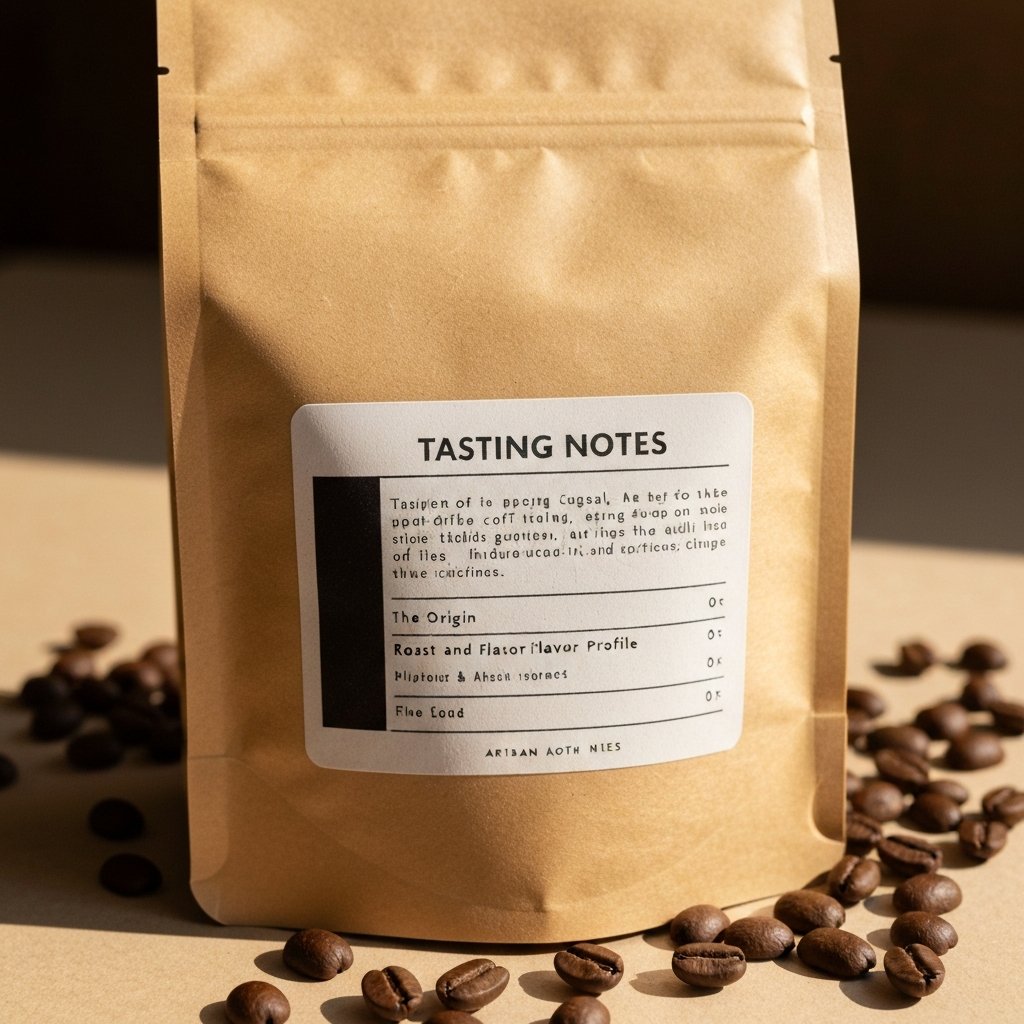 Close-up of an artisan coffee bag with kraft paper texture and tasting notes label