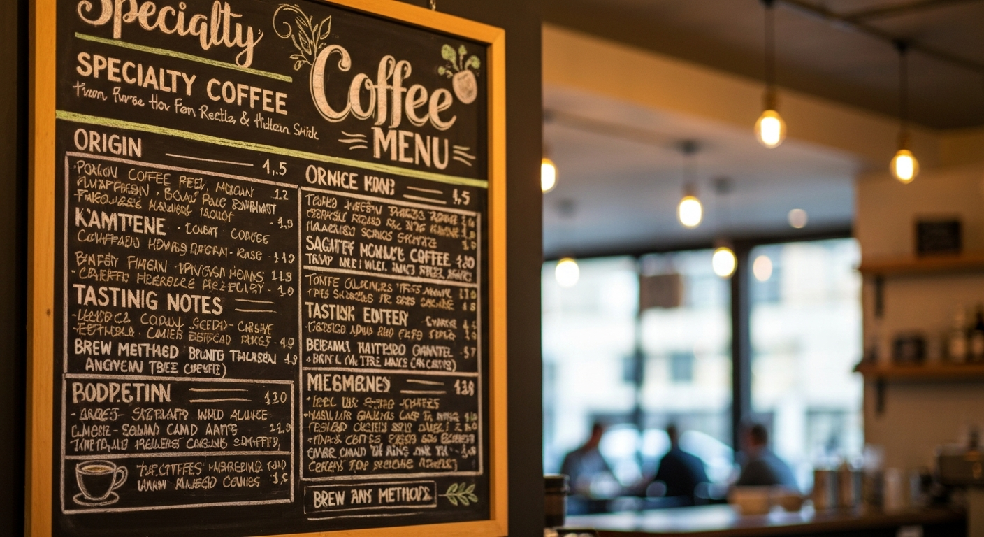 A chalkboard specialty coffee menu with handwritten origin names, tasting notes, and brew method options
