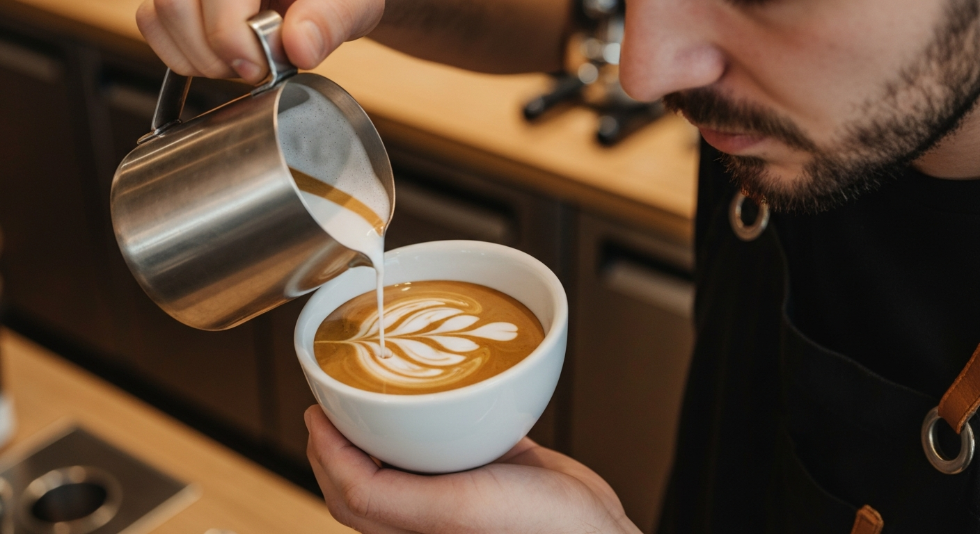 A barista free-pouring a rosetta into a white cup, the milk stream drawing symmetrical leaves across the crema