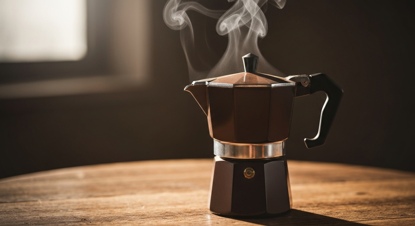 A classic aluminium Bialetti Moka pot on a gas stove with a small flame underneath, steam beginning to rise from the spout