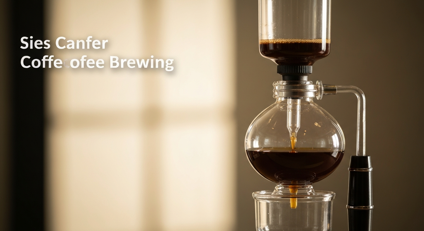 A glass siphon coffee brewer on a tabletop stand over an alcohol burner, upper globe filled with dark coffee grounds, warm light in the background