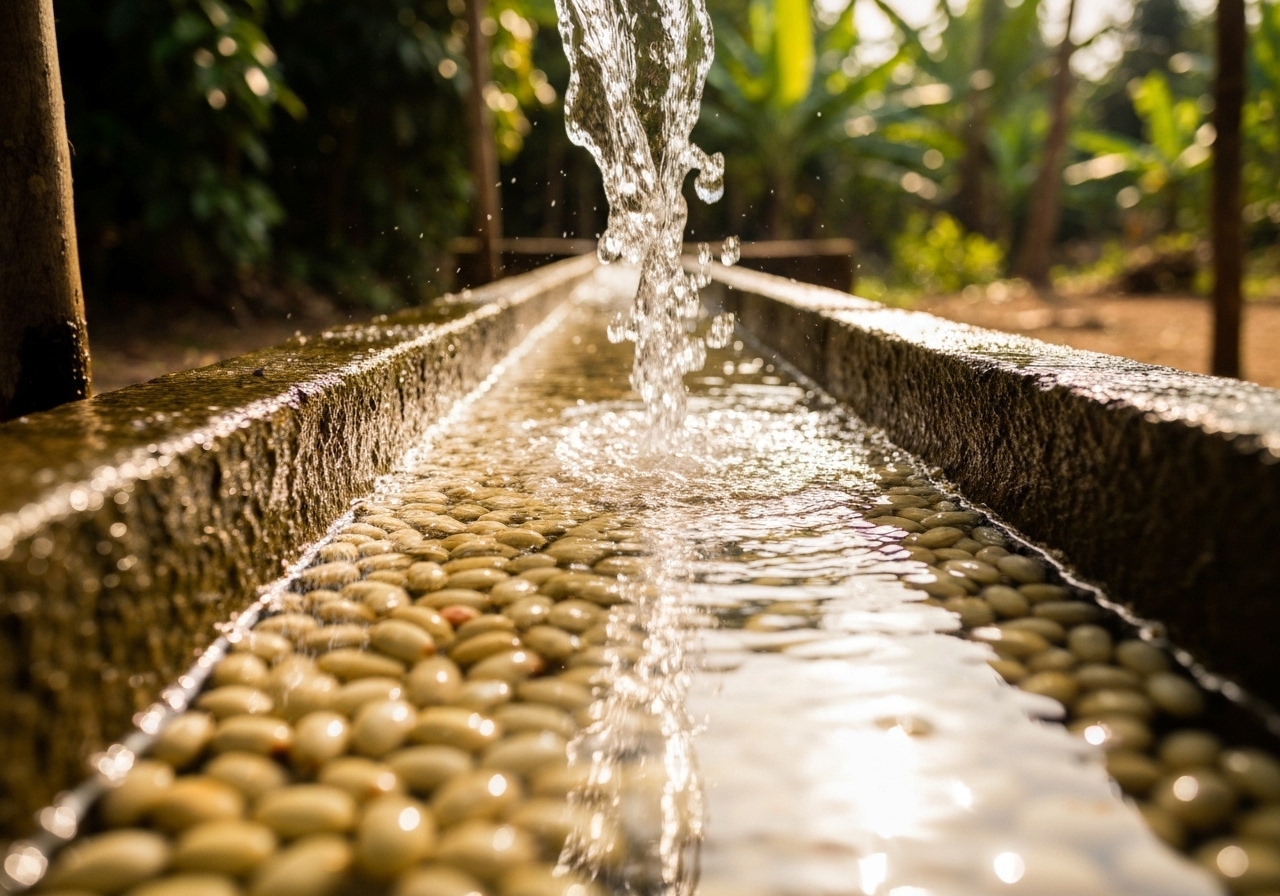 Clean water flowing over coffee beans during the washing stage of wet processing