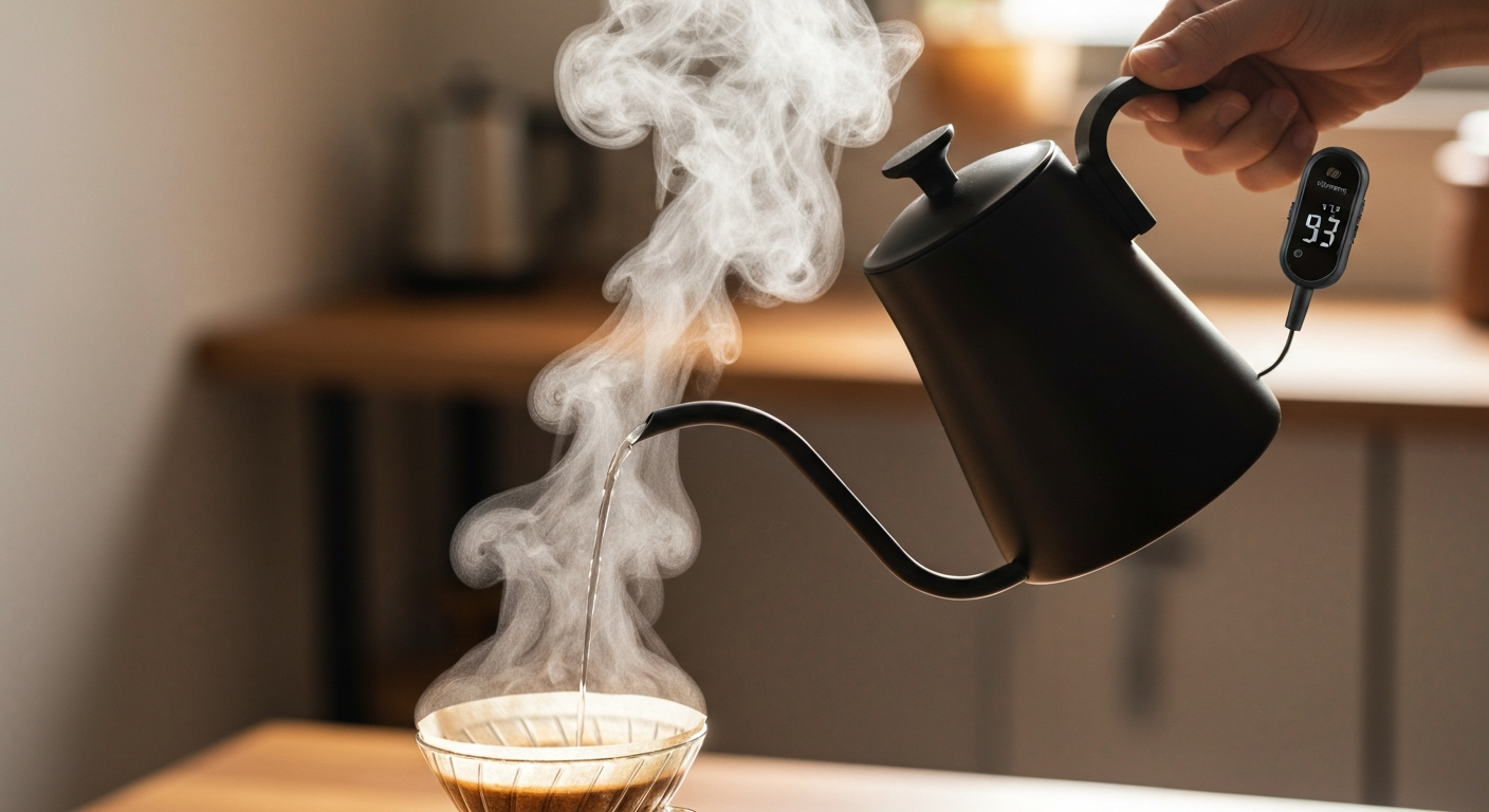A gooseneck kettle pouring hot water over a pour-over brewer, steam rising, thermometer clipped to the spout